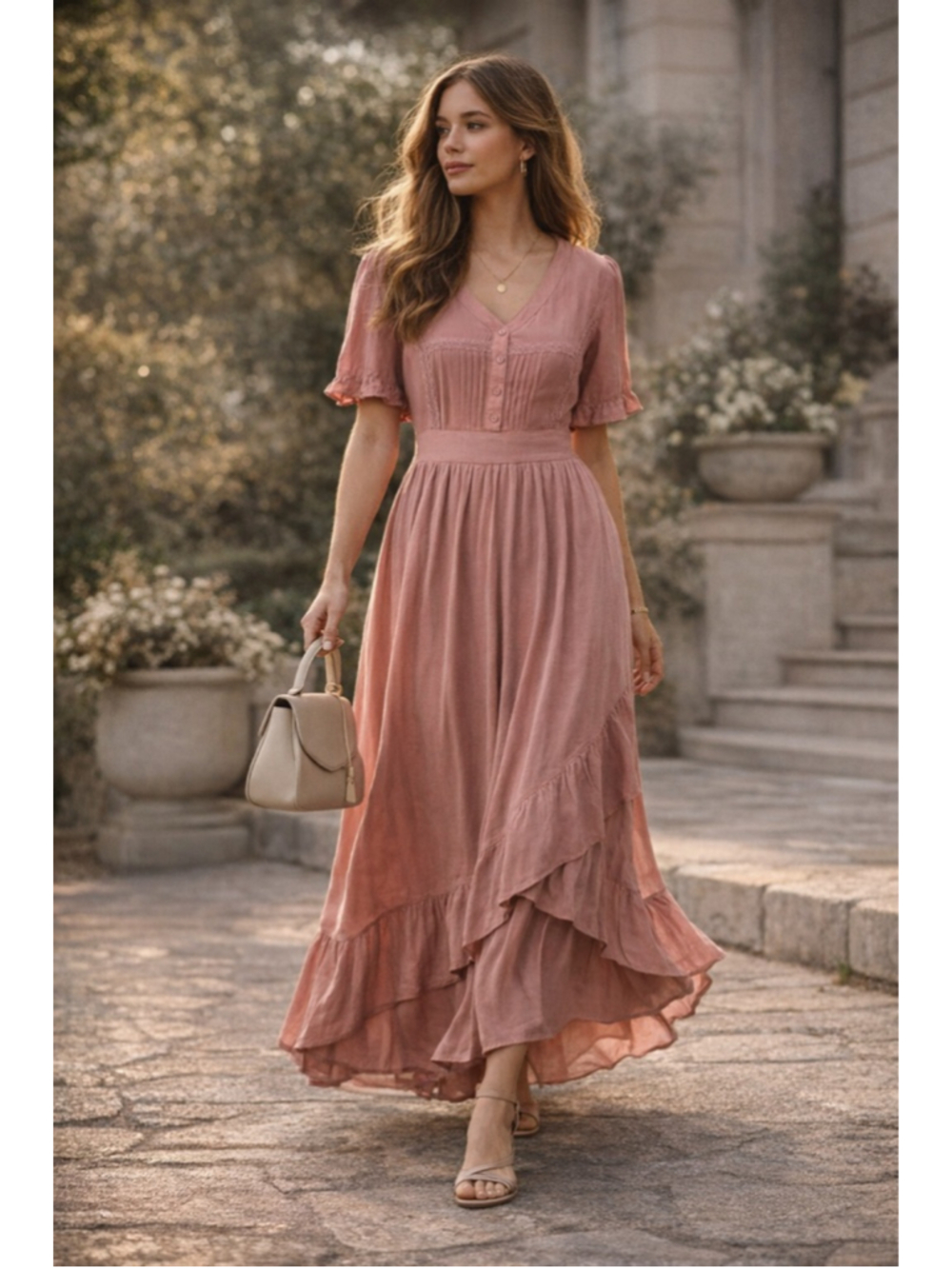 Baltic Born Dress Women's M Maxi Cottagecore Ruffle Romantic Smocked Pink Boho